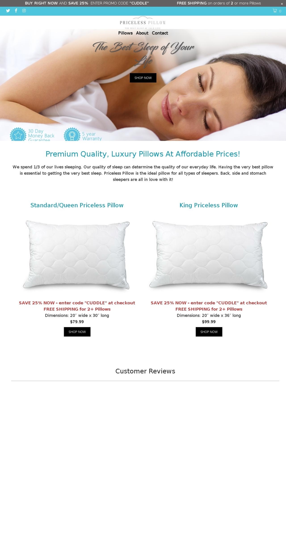 pricelesspillows.com shopify website screenshot