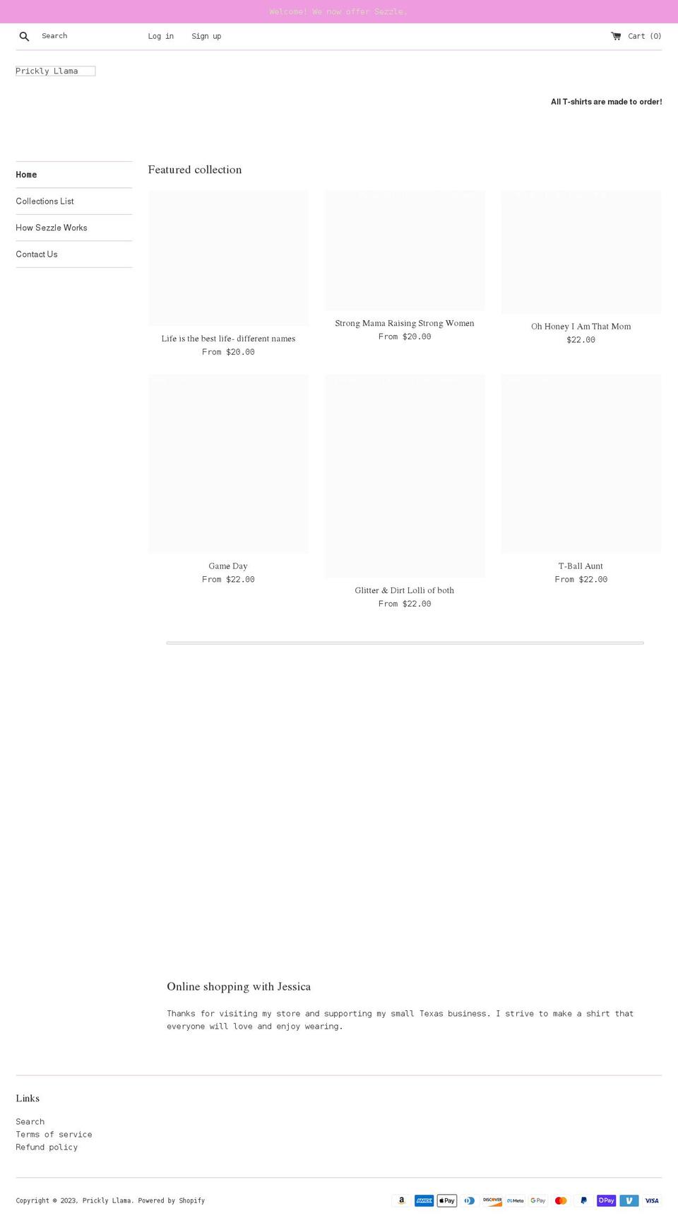 pricklyllama.com shopify website screenshot