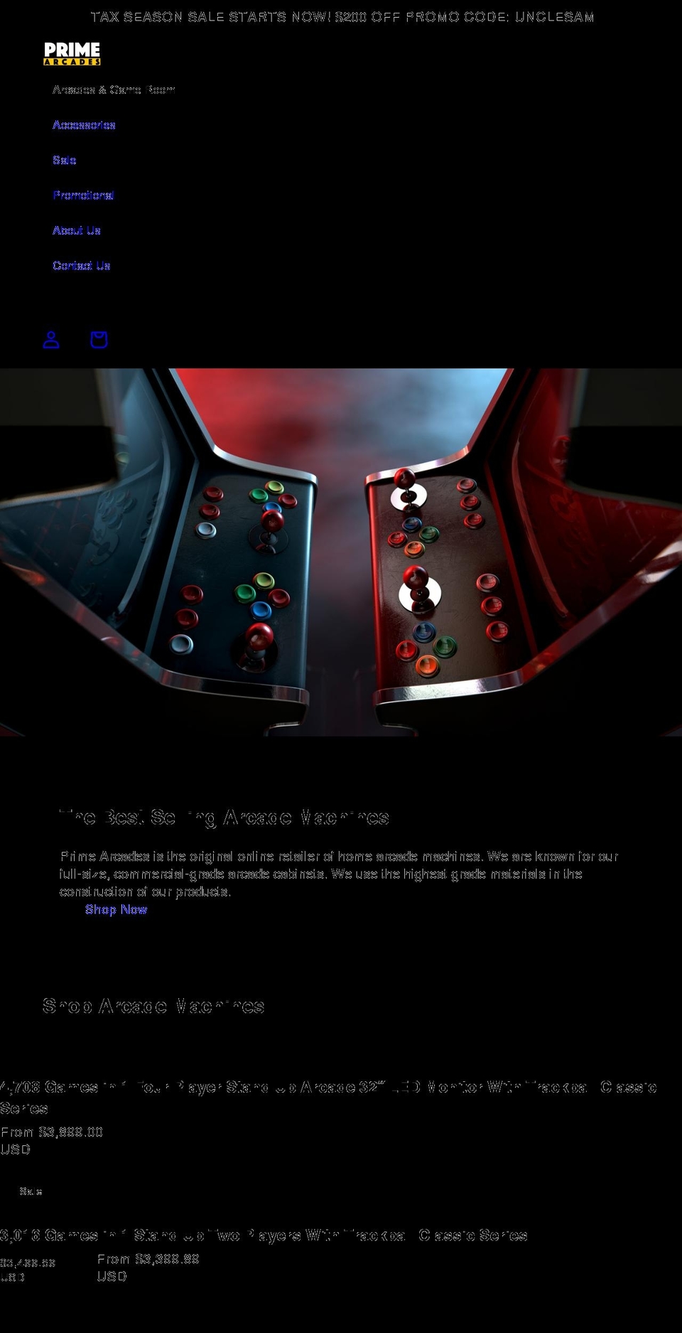 primearcades.com shopify website screenshot