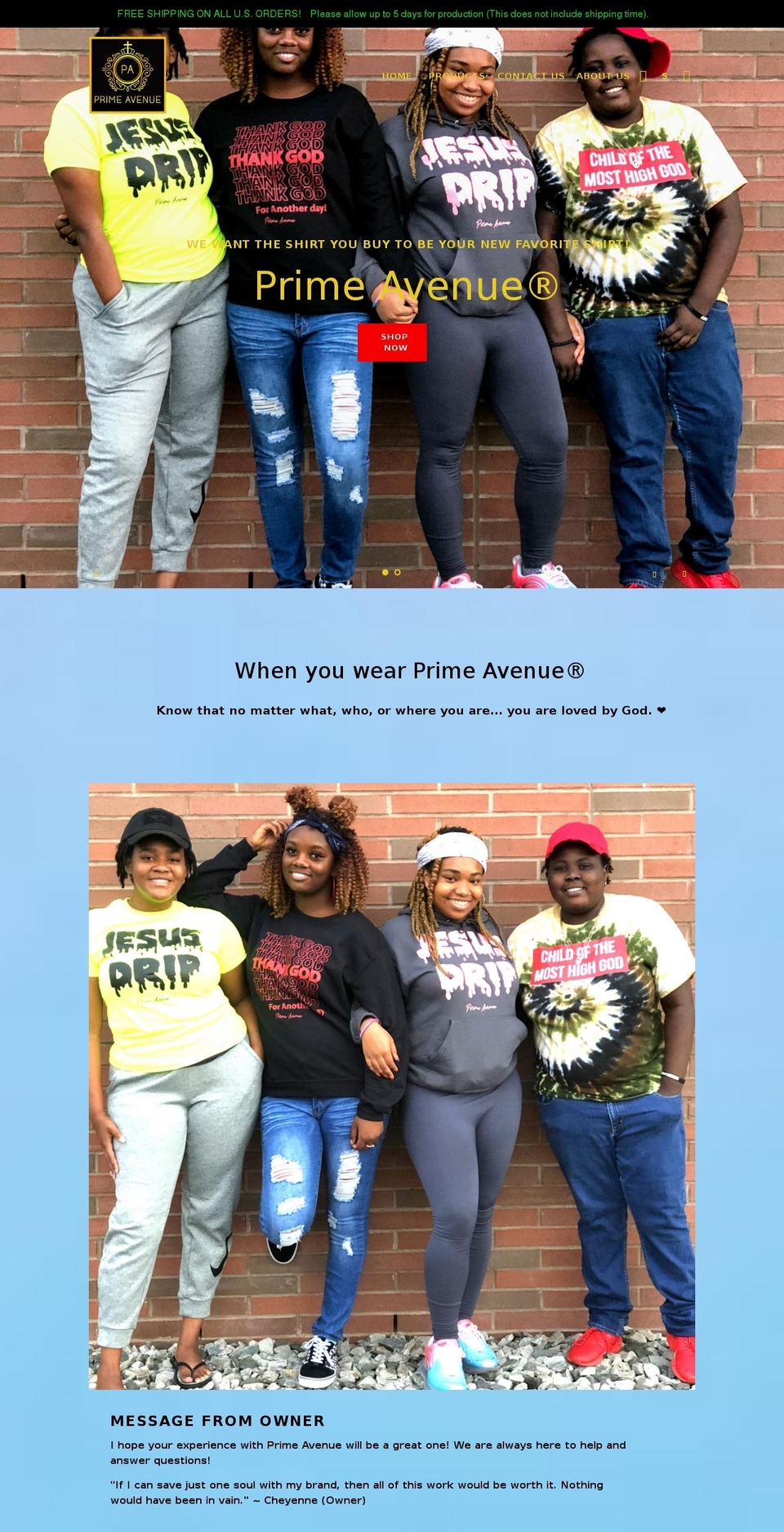 primeavenueapparel.com shopify website screenshot