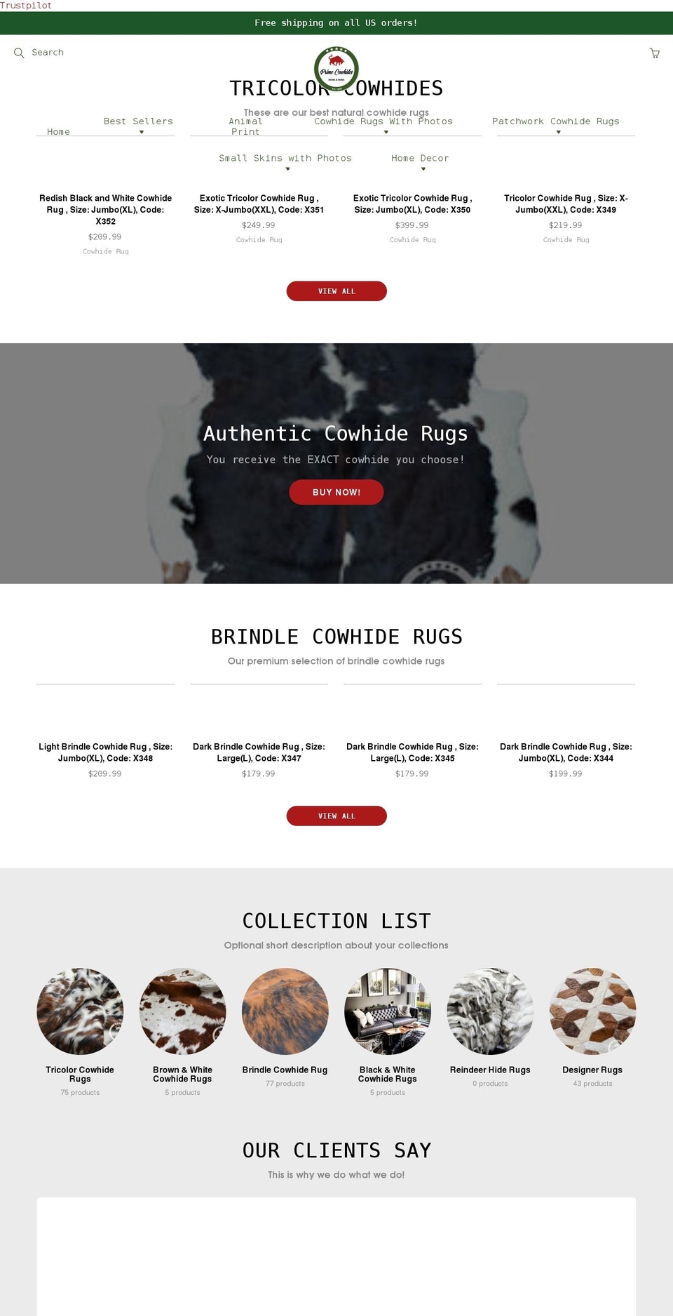 primecowhides.com shopify website screenshot