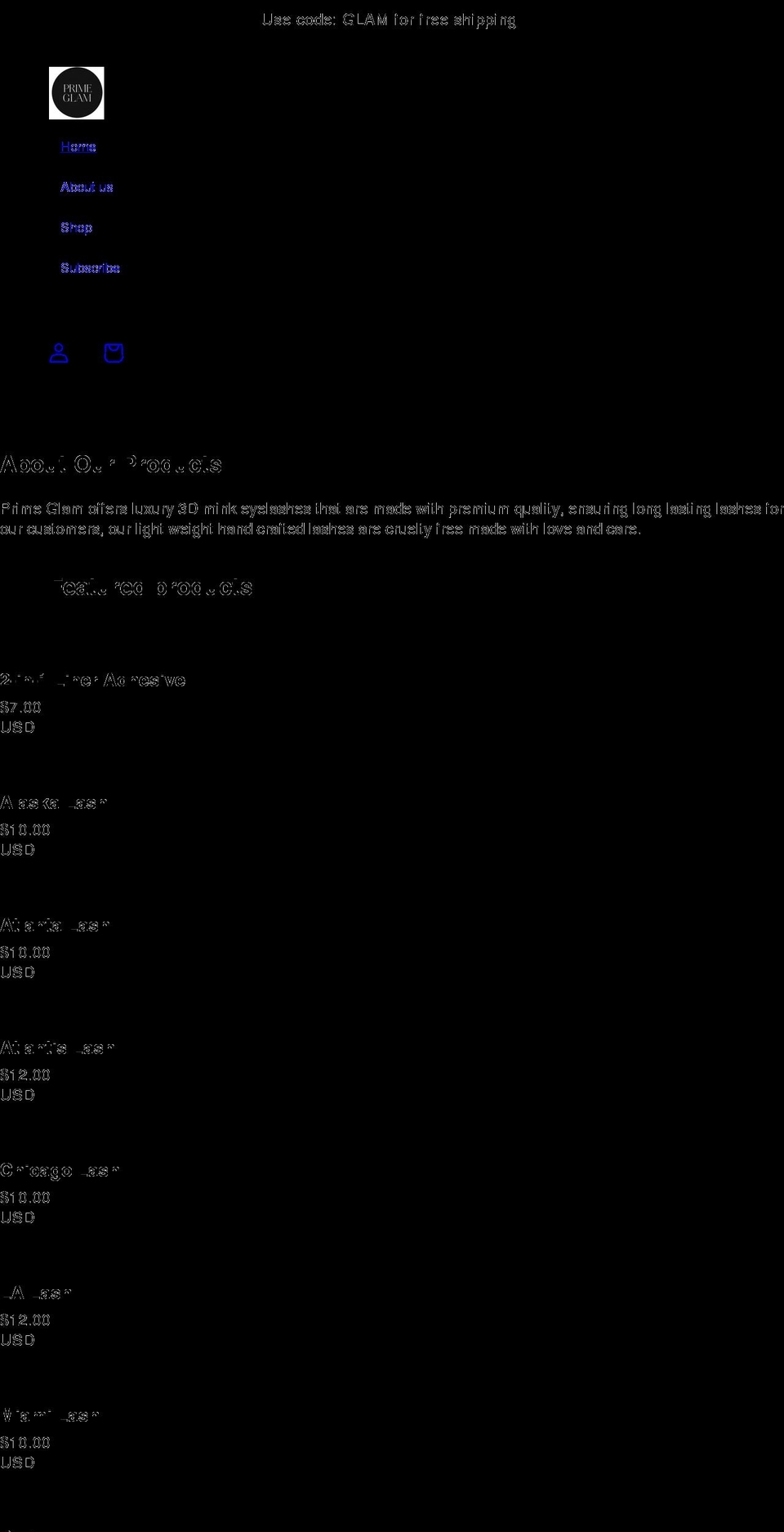primeglam.net shopify website screenshot