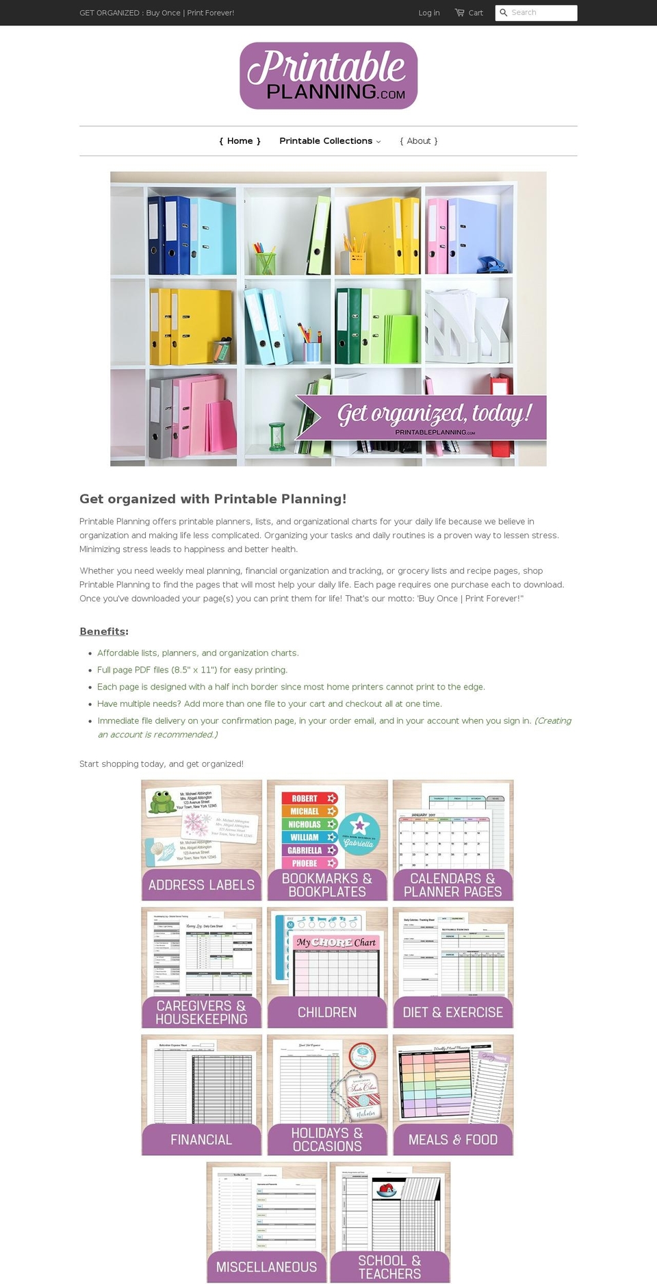 printableplanning.com shopify website screenshot