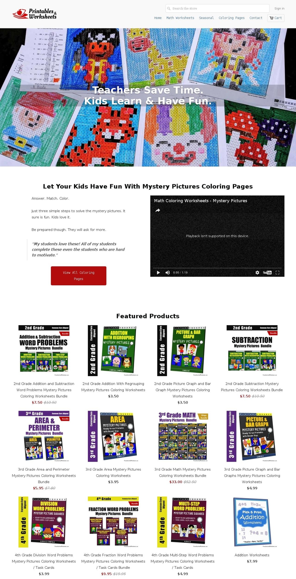 printablesandworksheets.com shopify website screenshot