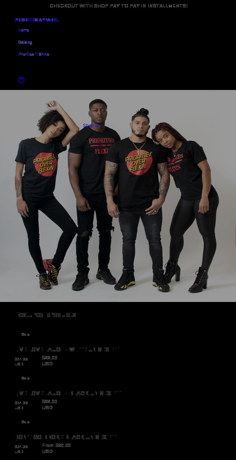prioritiesapparel.com shopify website screenshot