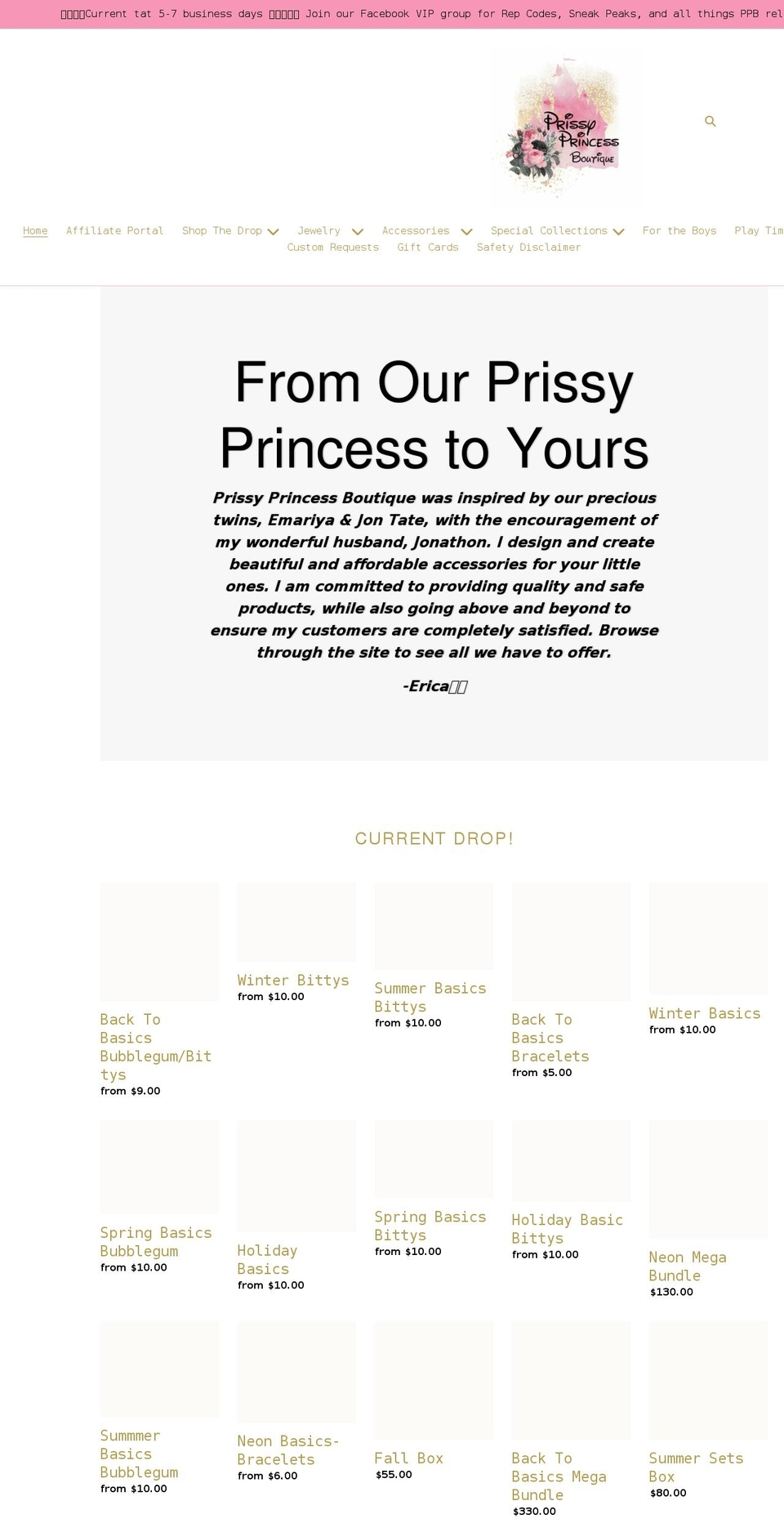 prissyprincessboutique.com shopify website screenshot