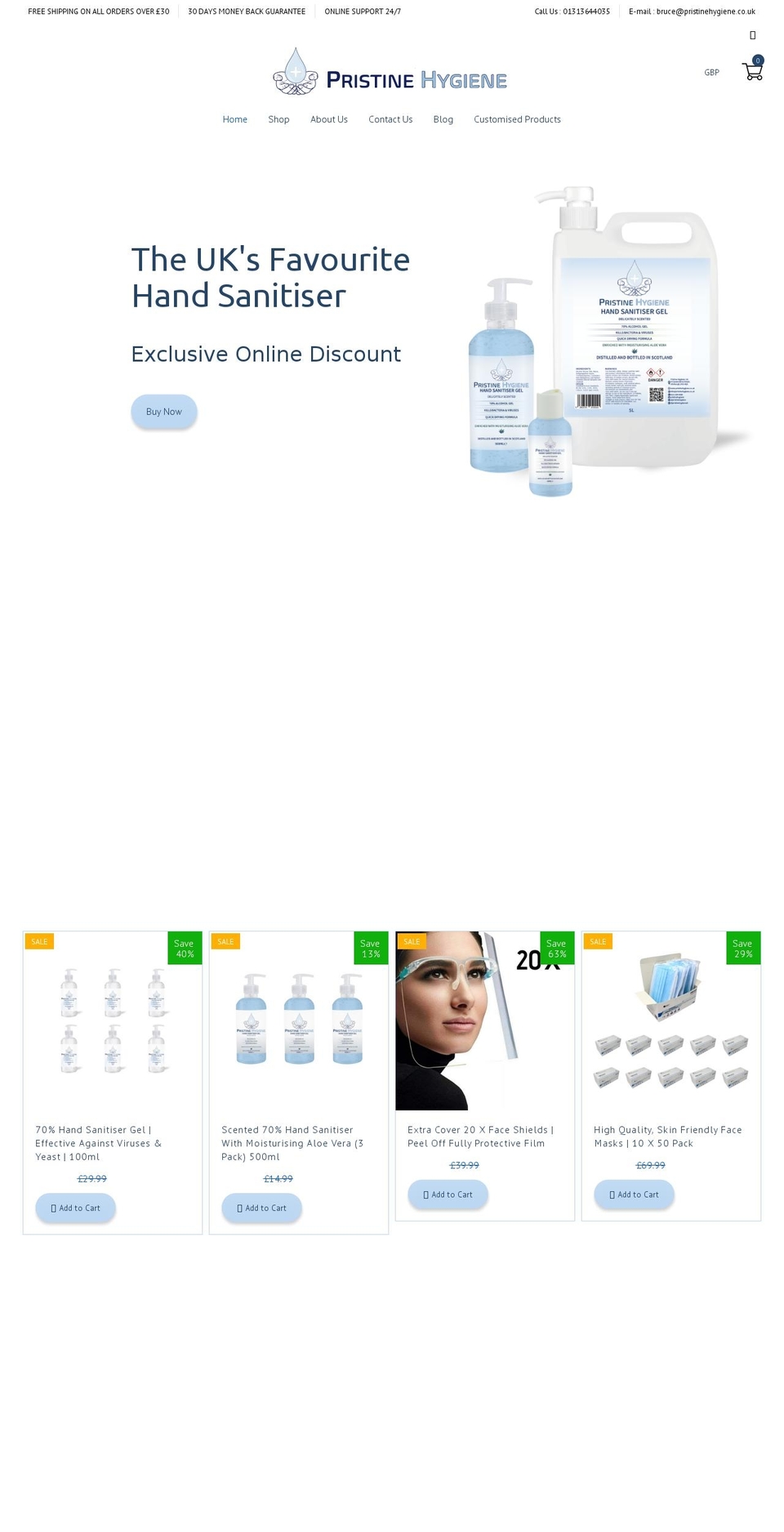 Kure Shopify theme site example pristinehygiene.co.uk