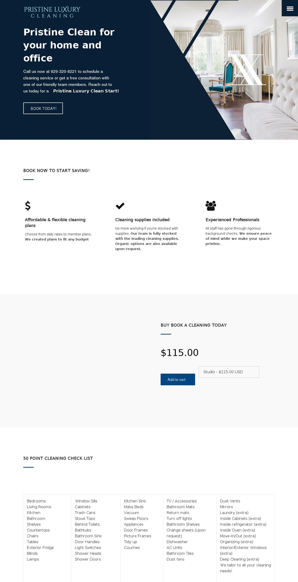 pristineluxurycleaning.com — Shopify storefront screenshot