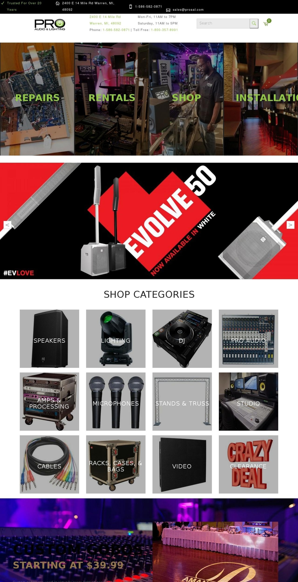 proaudioandlighting.net shopify website screenshot