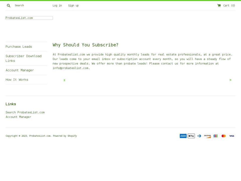 probateslist.com shopify website screenshot