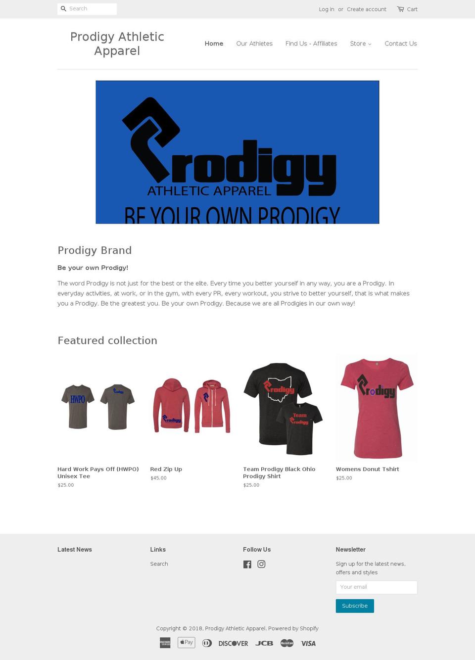 prodigyathleticapparel.com — Shopify storefront screenshot