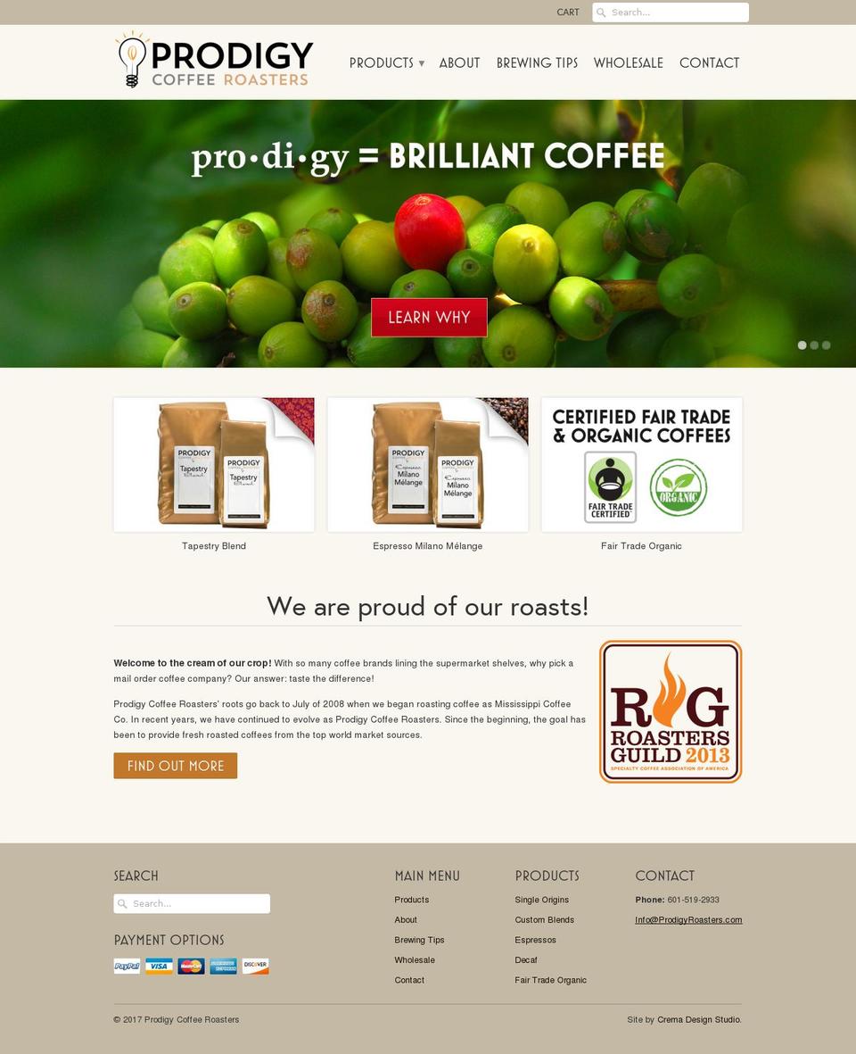 prodigyroasters.net shopify website screenshot