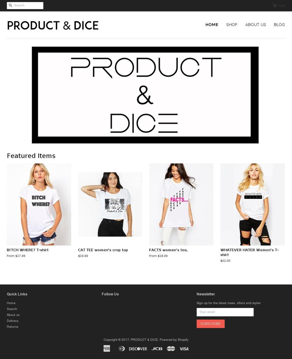 productanddice.com shopify website screenshot
