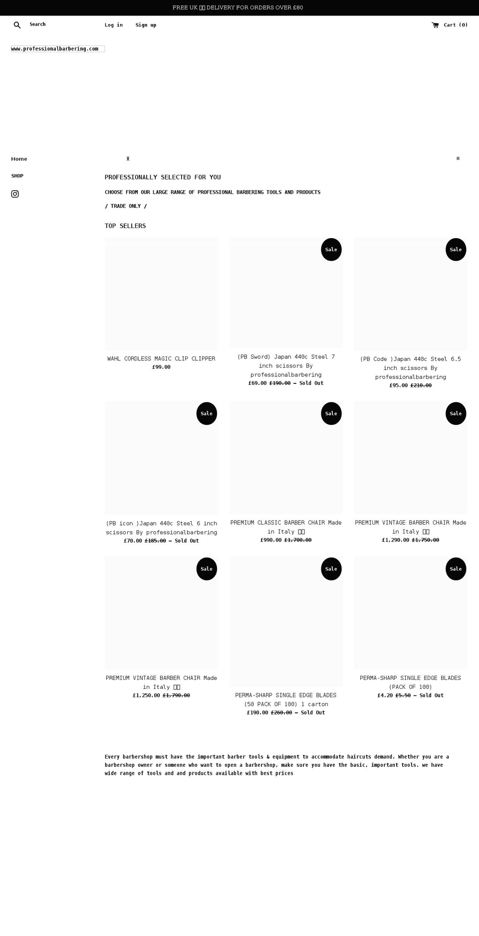 professionalbarbering.com shopify website screenshot