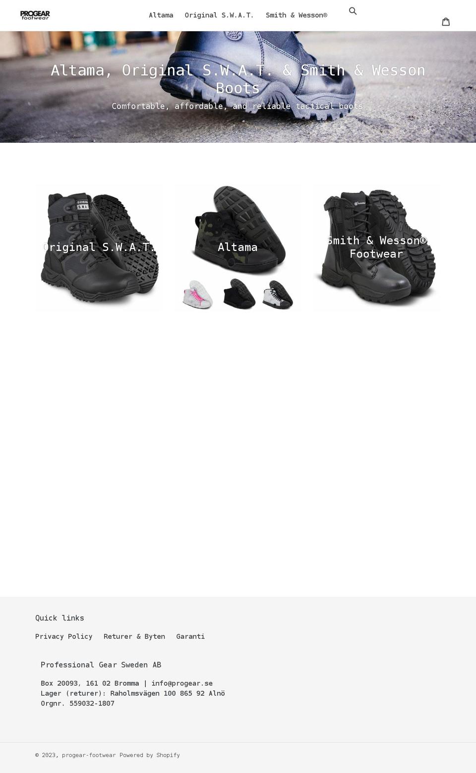 progearfootwear.se shopify website screenshot