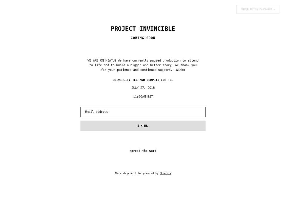 projectinvincible.com — Shopify storefront screenshot