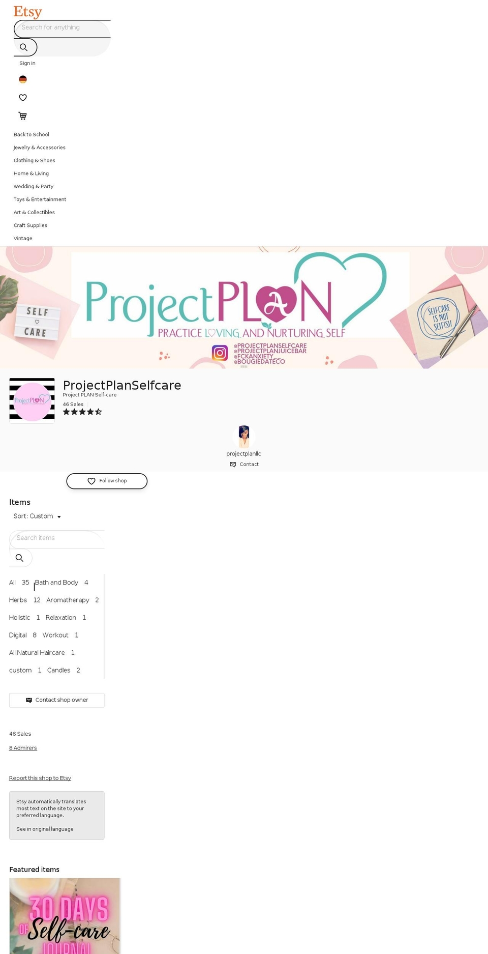 projectplanselfcare.com — Shopify storefront screenshot