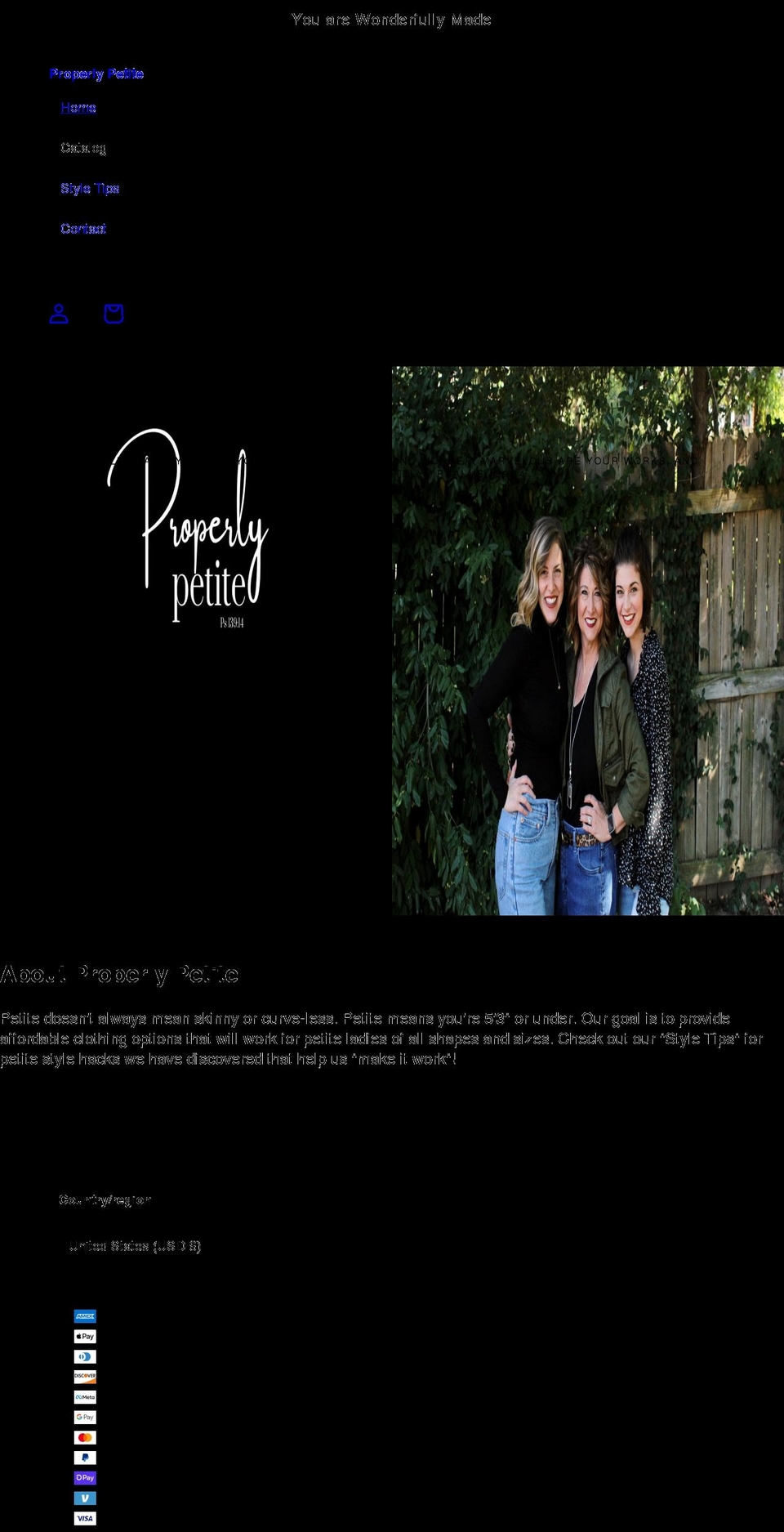 properlypetite.com shopify website screenshot