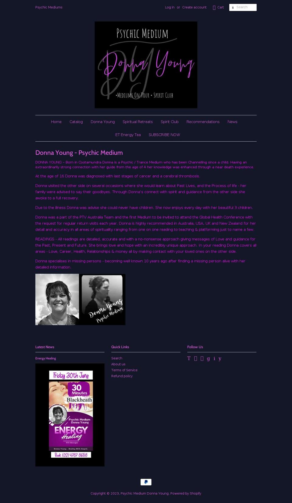 psychicmediumdonnayoung.com shopify website screenshot