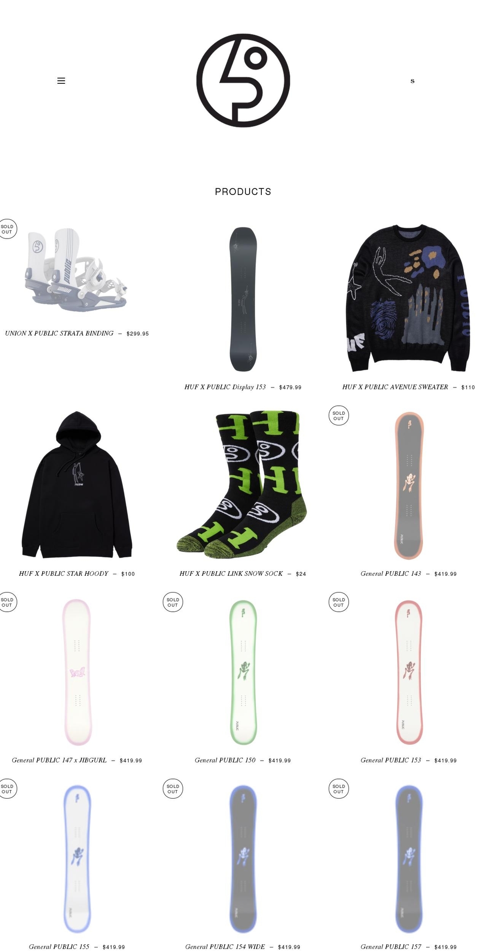 publicsnowboards.com shopify website screenshot