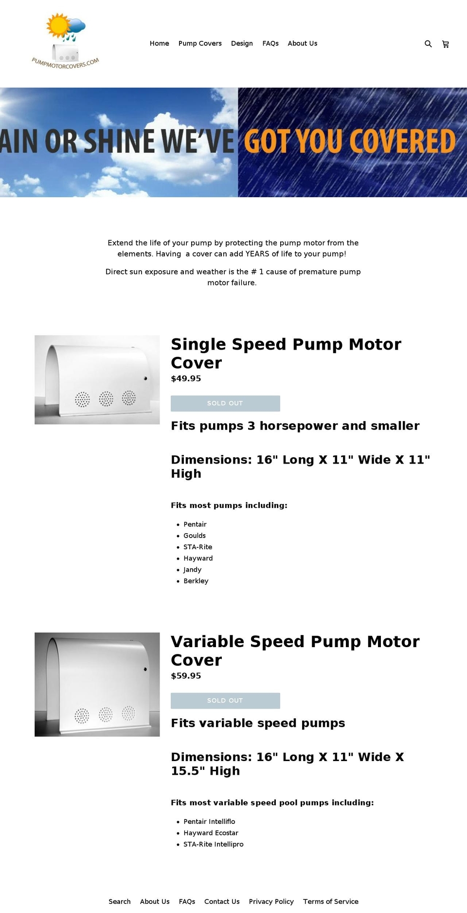 pumpmotorcovers.com shopify website screenshot