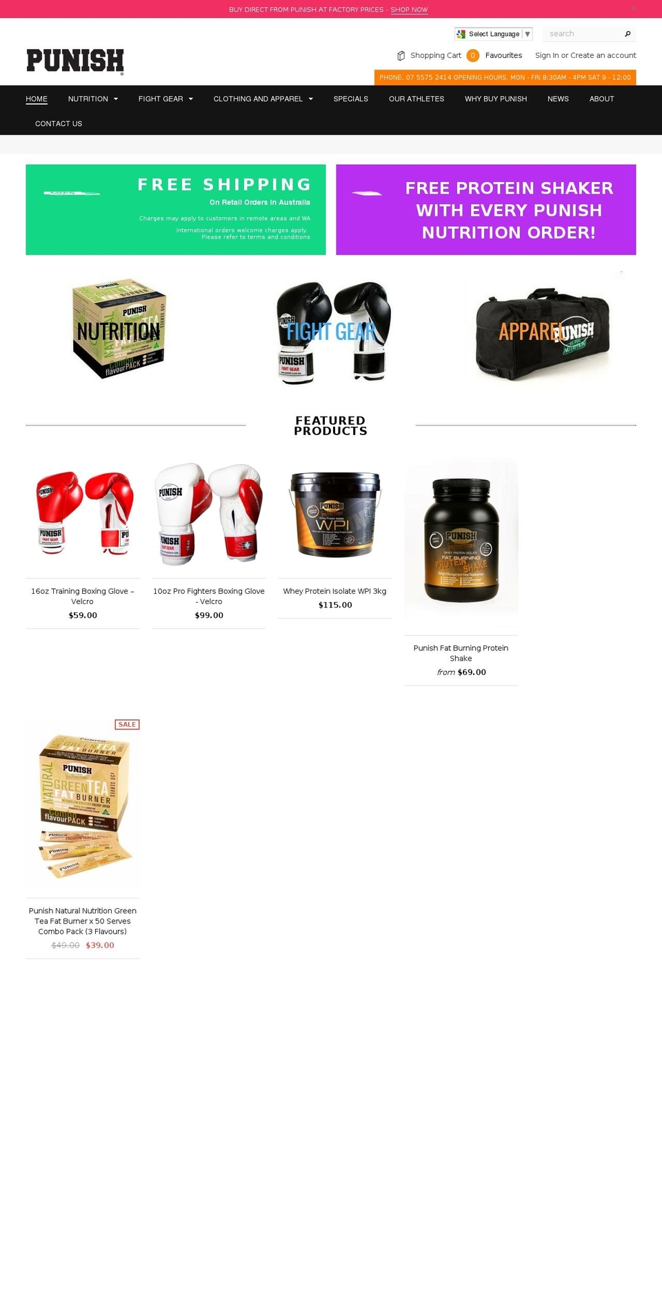 punishfightgear.com.au shopify website screenshot