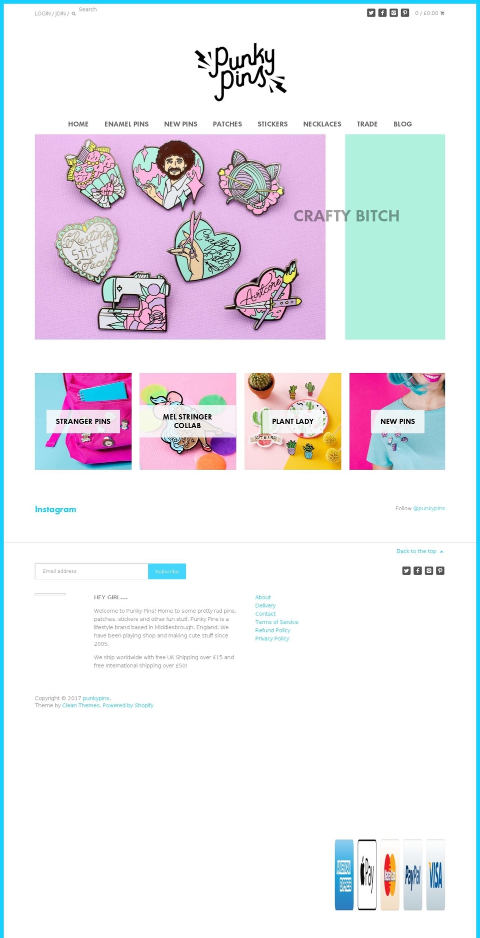 Pipeline Shopify theme site example punkypins.co.uk