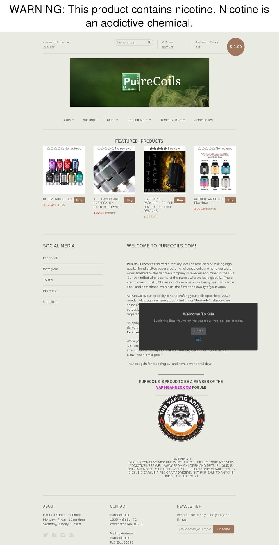 pure-coils.com — Shopify storefront screenshot