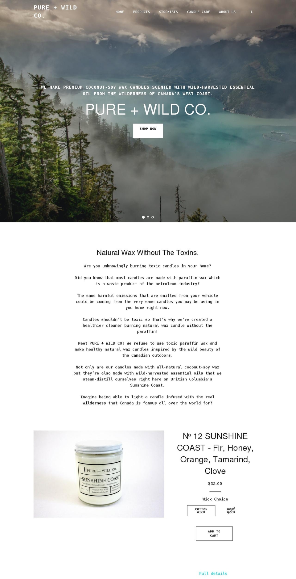 pureandwildco.com shopify website screenshot