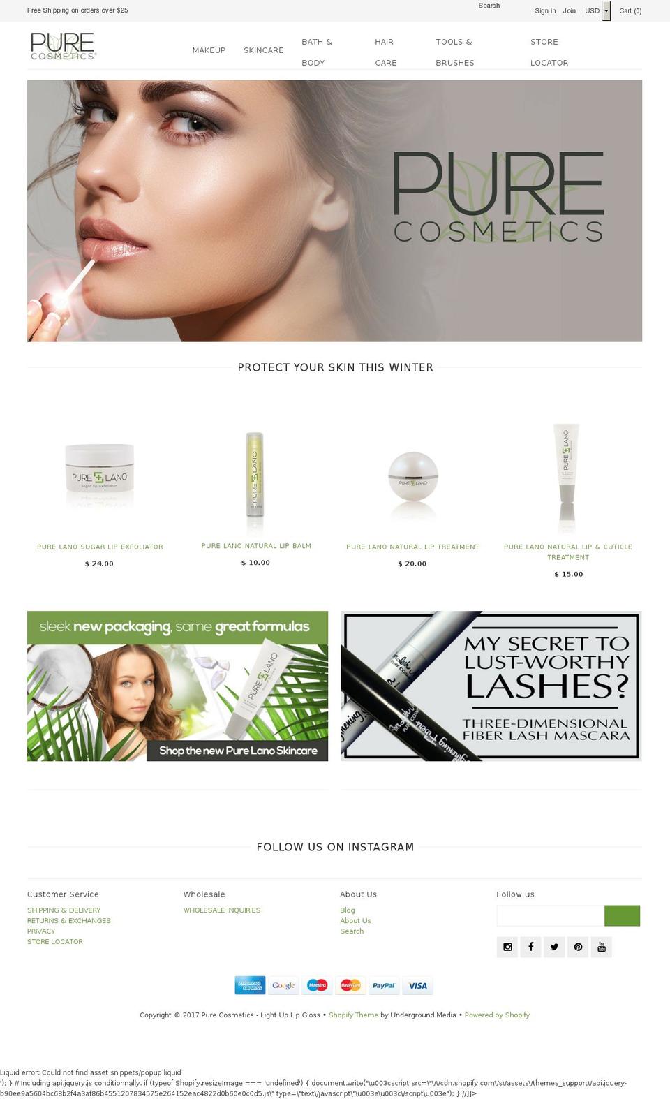 purecosmetics.com shopify website screenshot