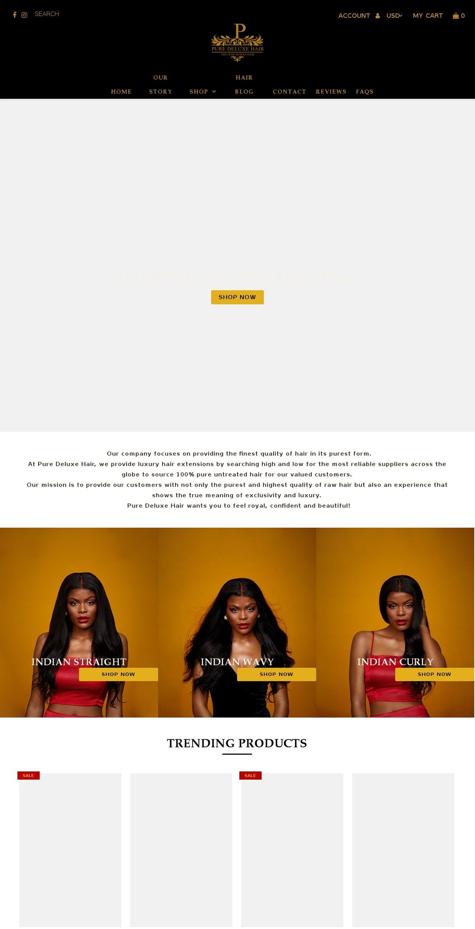 puredeluxehair.com shopify website screenshot
