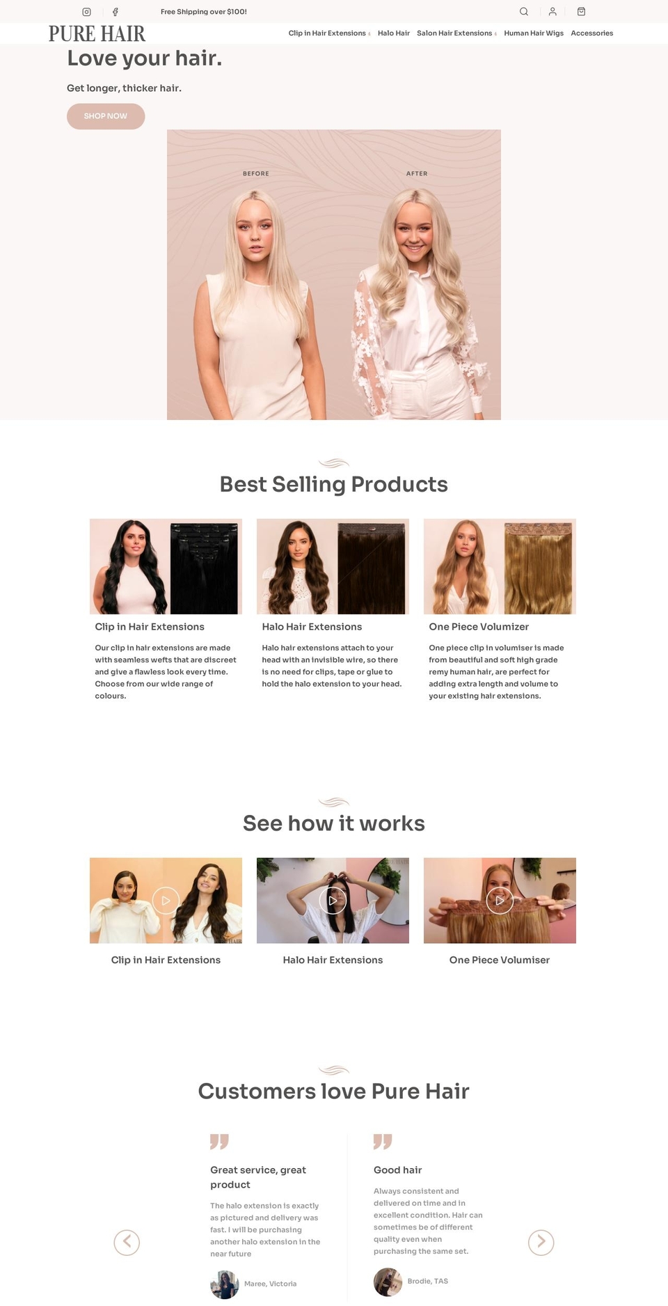 purehairextensions.com.au shopify website screenshot
