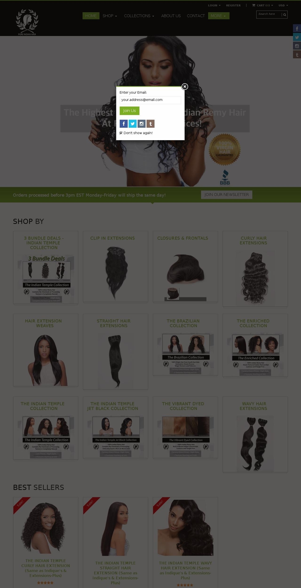 pureindianhair.com shopify website screenshot