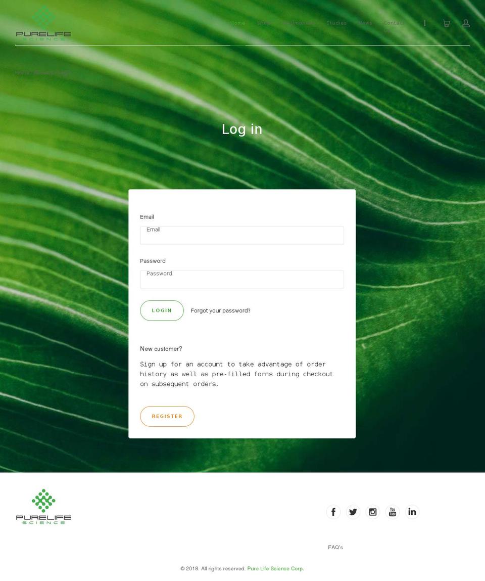 purelifesciencecorp.com shopify website screenshot