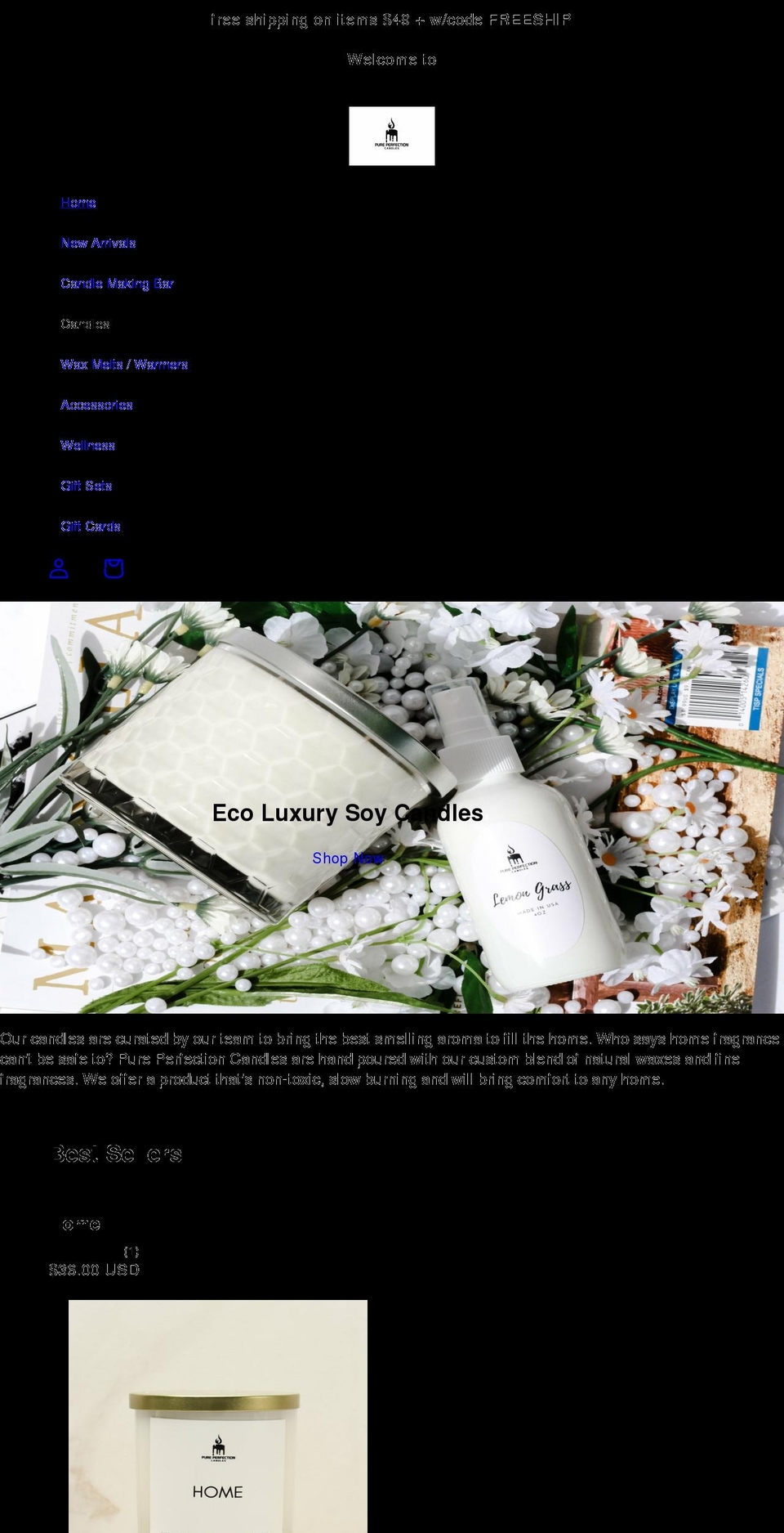 pureperfectioncandles.com shopify website screenshot