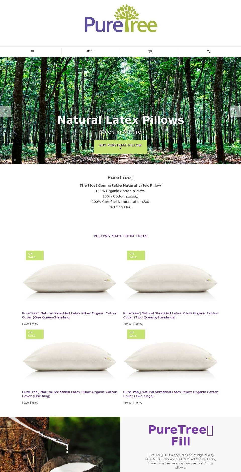 puretreepillow.com — Shopify storefront screenshot