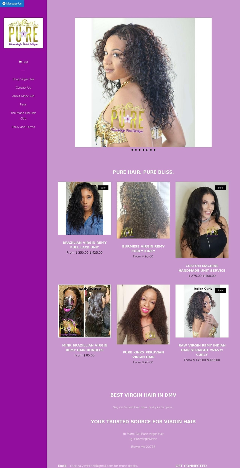 purevirginmane.com — Shopify storefront screenshot