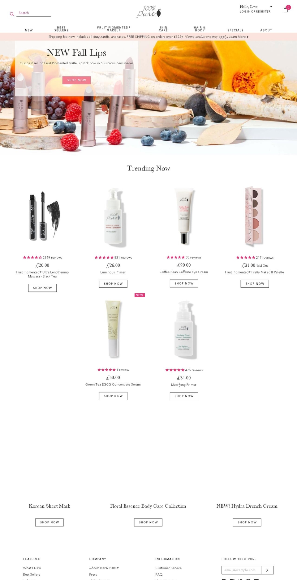 puritycosmetics.co.uk shopify website screenshot