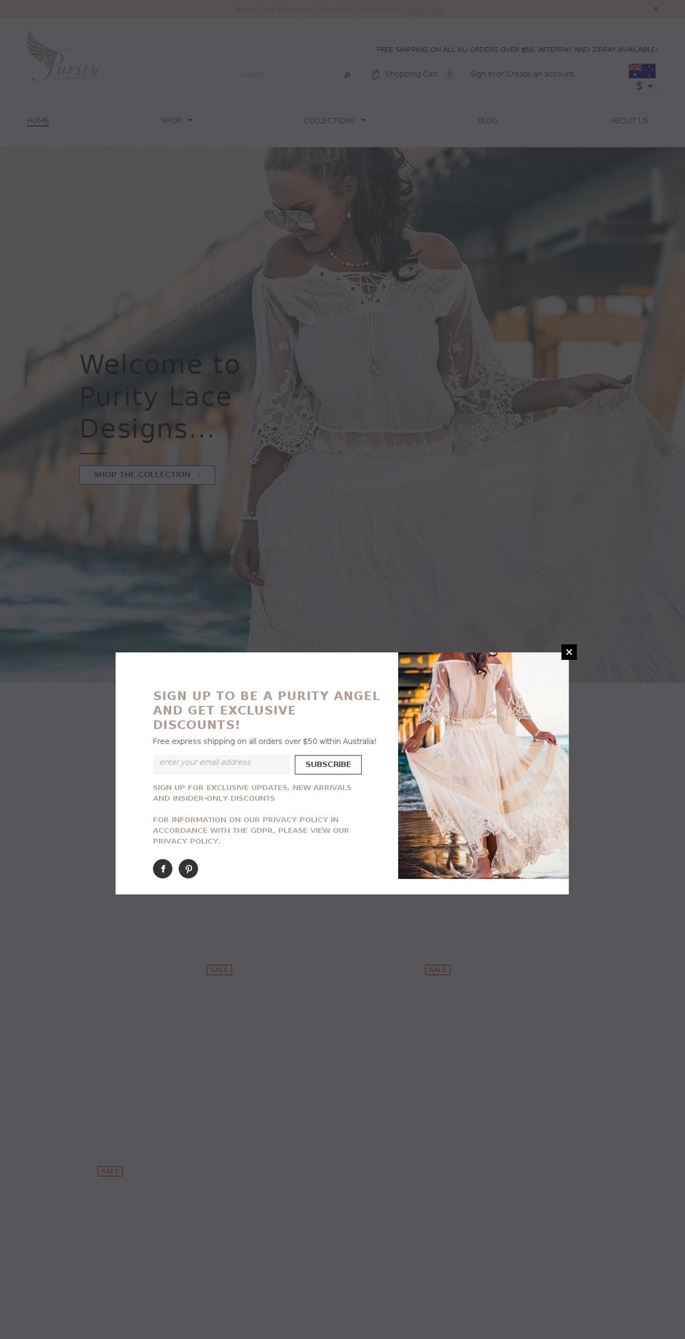 puritylacedesigns.com.au shopify website screenshot