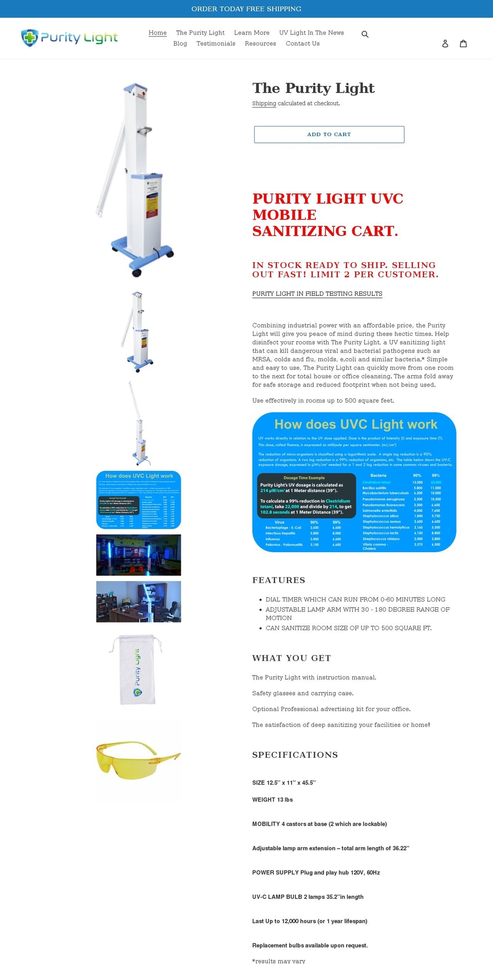 puritylight.com shopify website screenshot