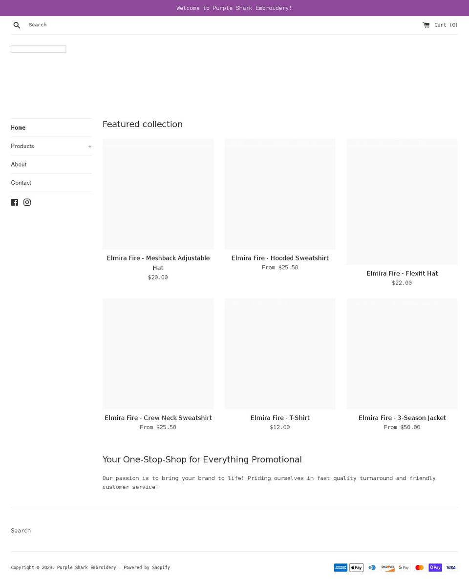 purplesharkembroidery.com shopify website screenshot