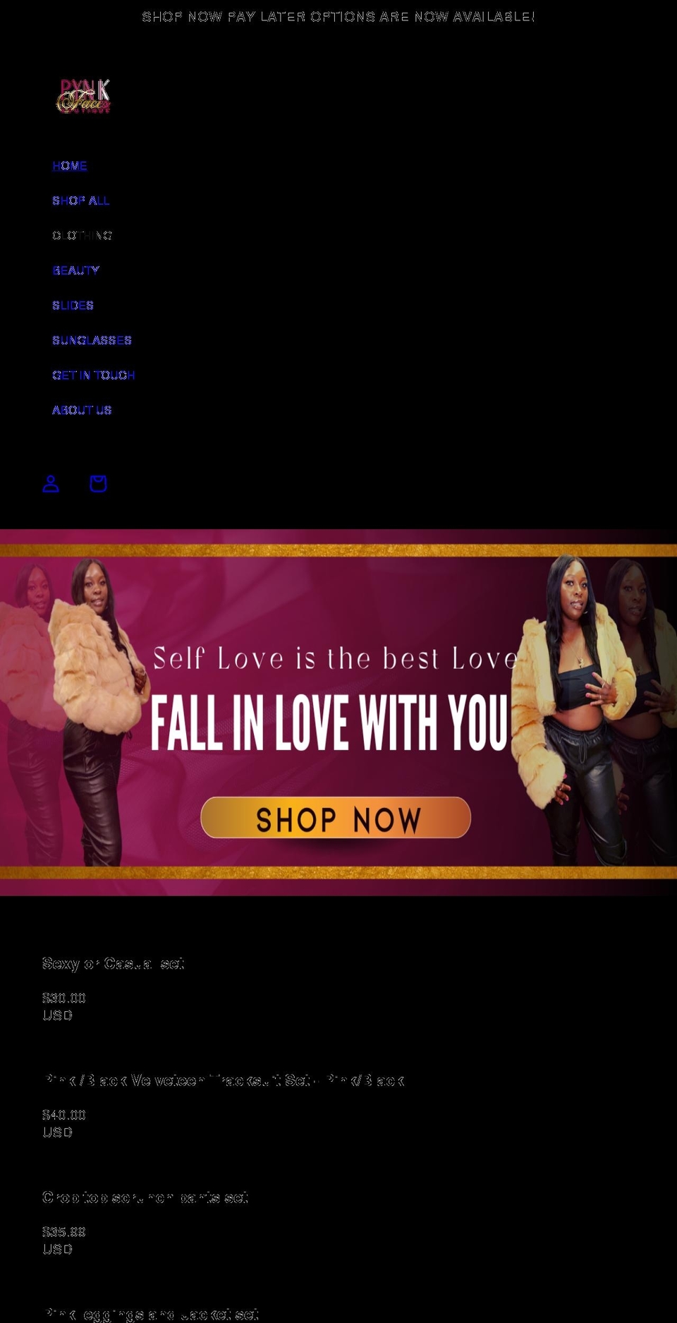 pynkfacesboutique.com shopify website screenshot