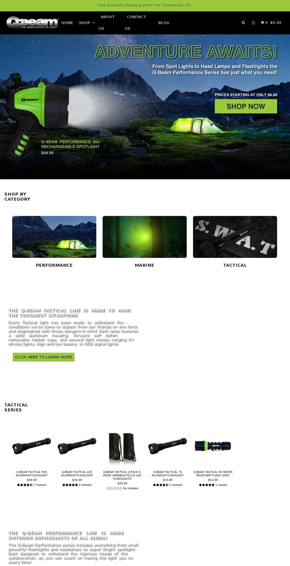 qbeamflashlights.com — Shopify storefront screenshot