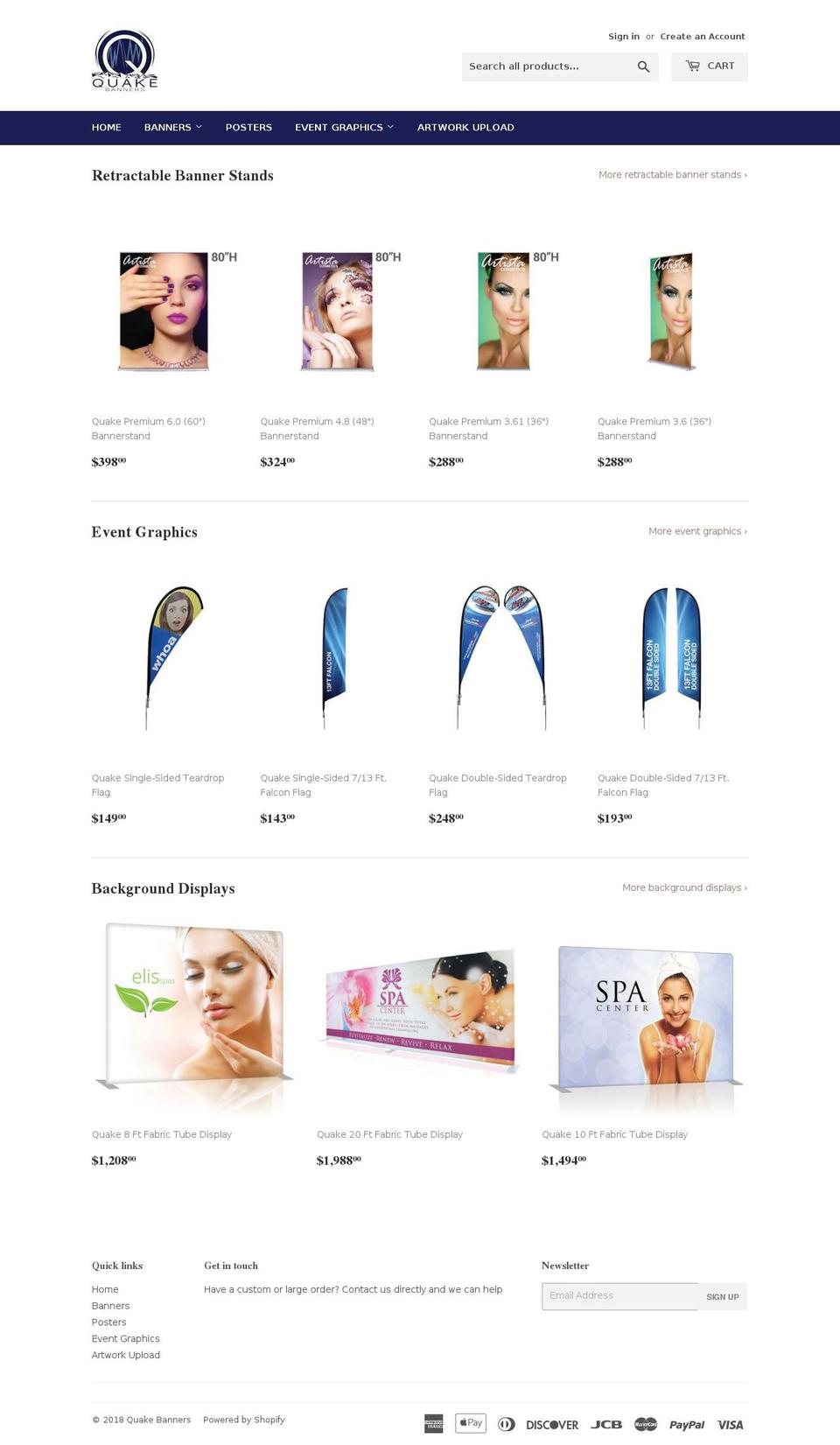 quakebanners.com — Shopify storefront screenshot