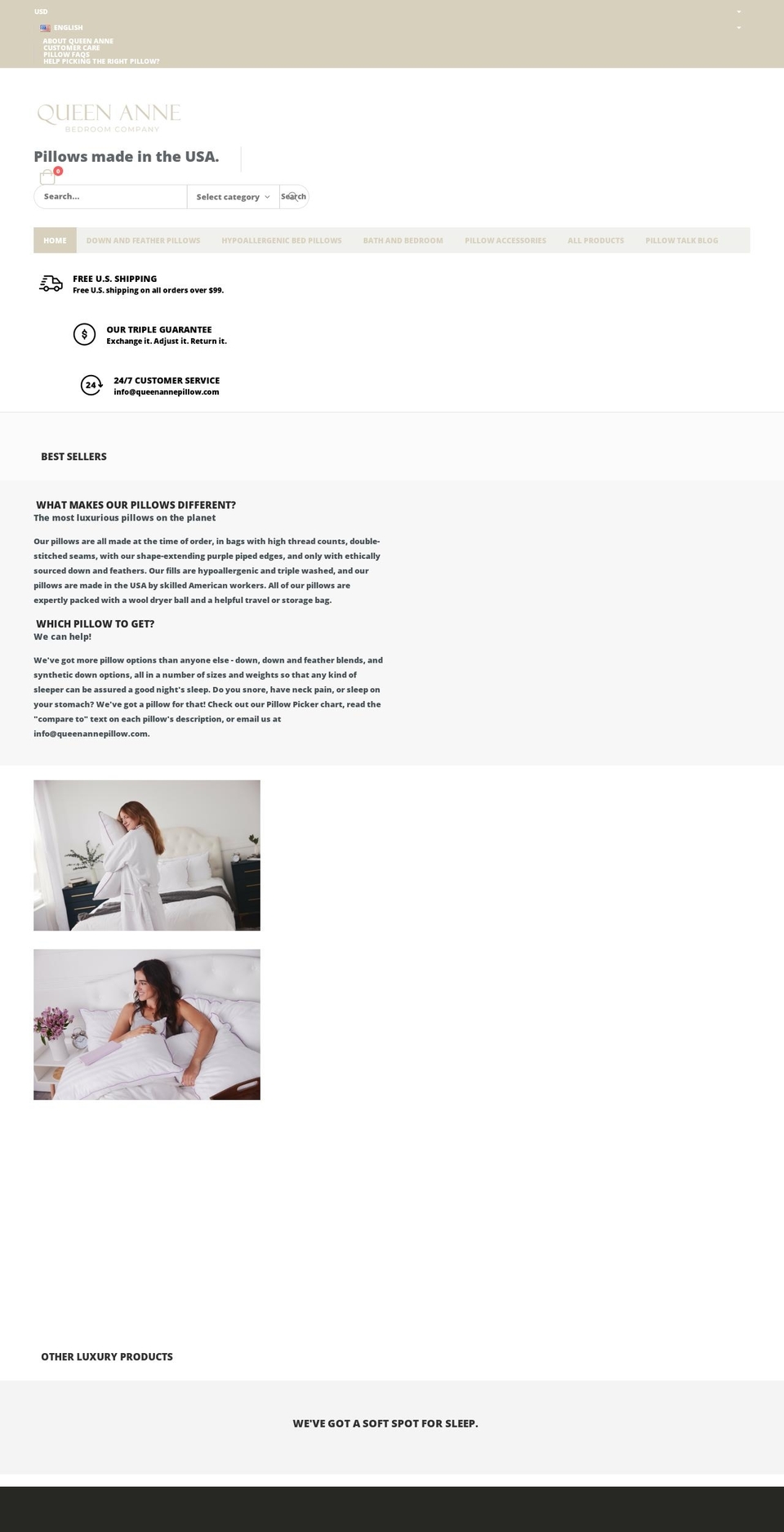 queenannepillow.com shopify website screenshot