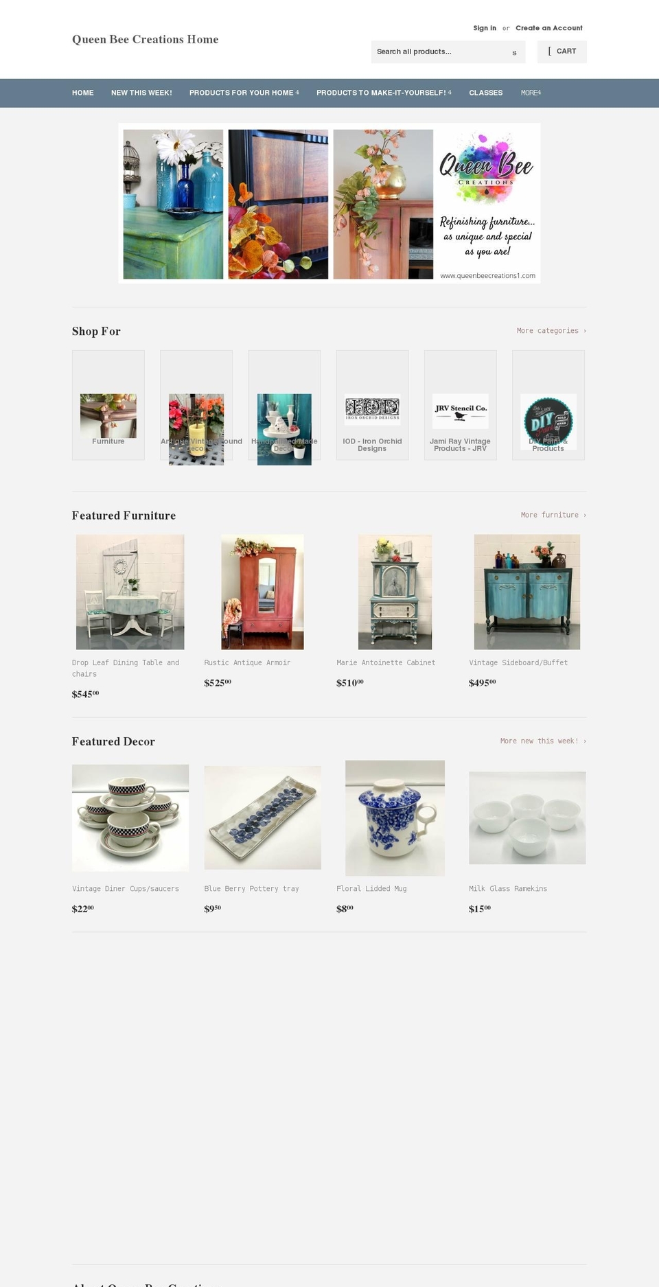 queenbeecreationshome.com shopify website screenshot