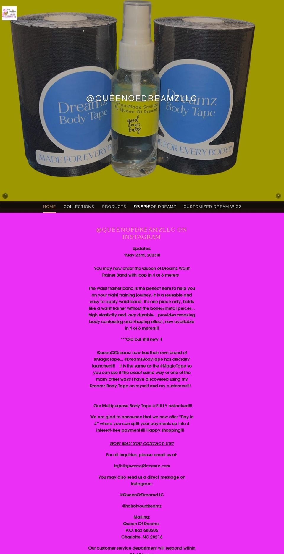 queenofdreamz.com shopify website screenshot