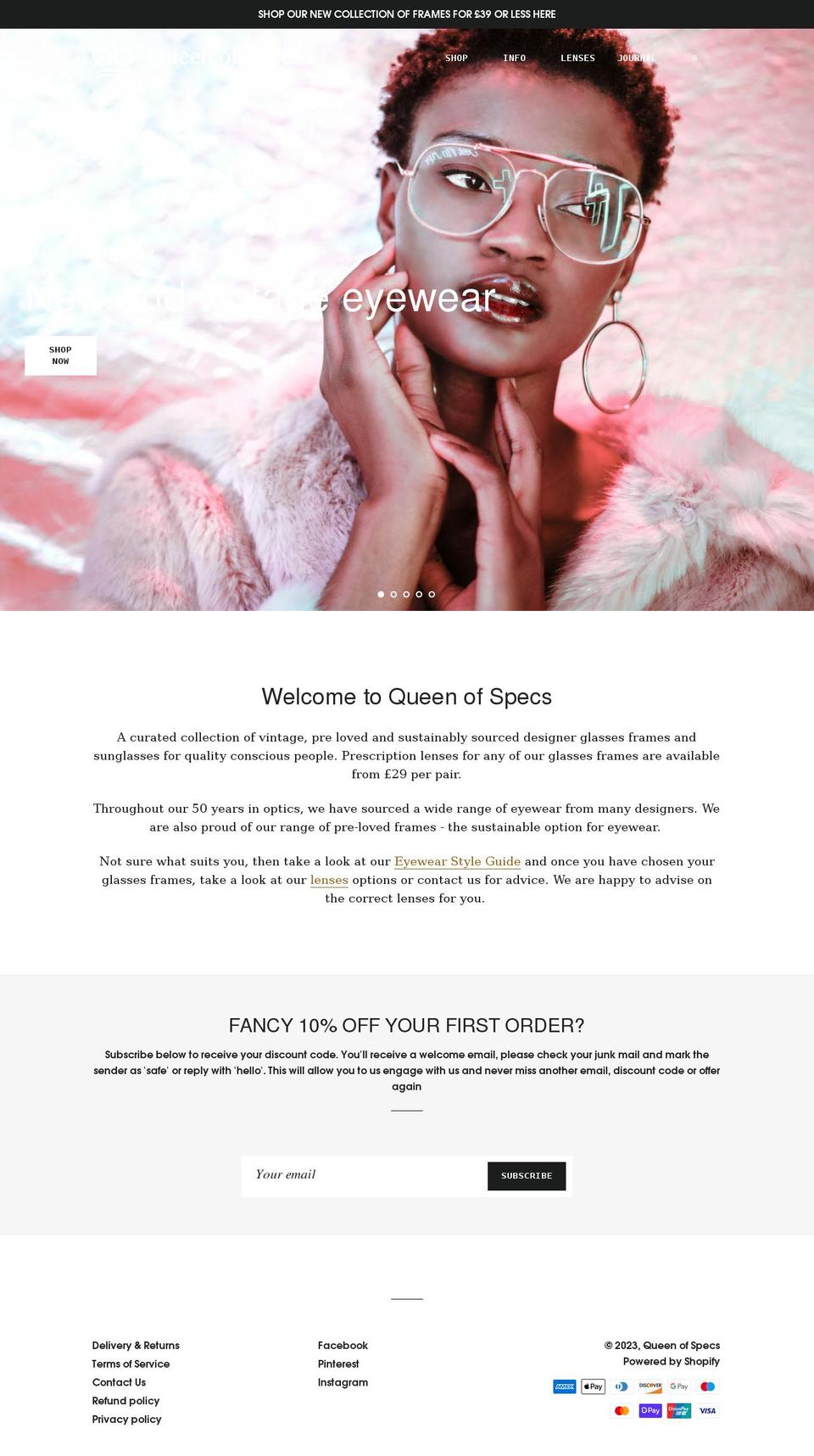 queenofspecs.com shopify website screenshot
