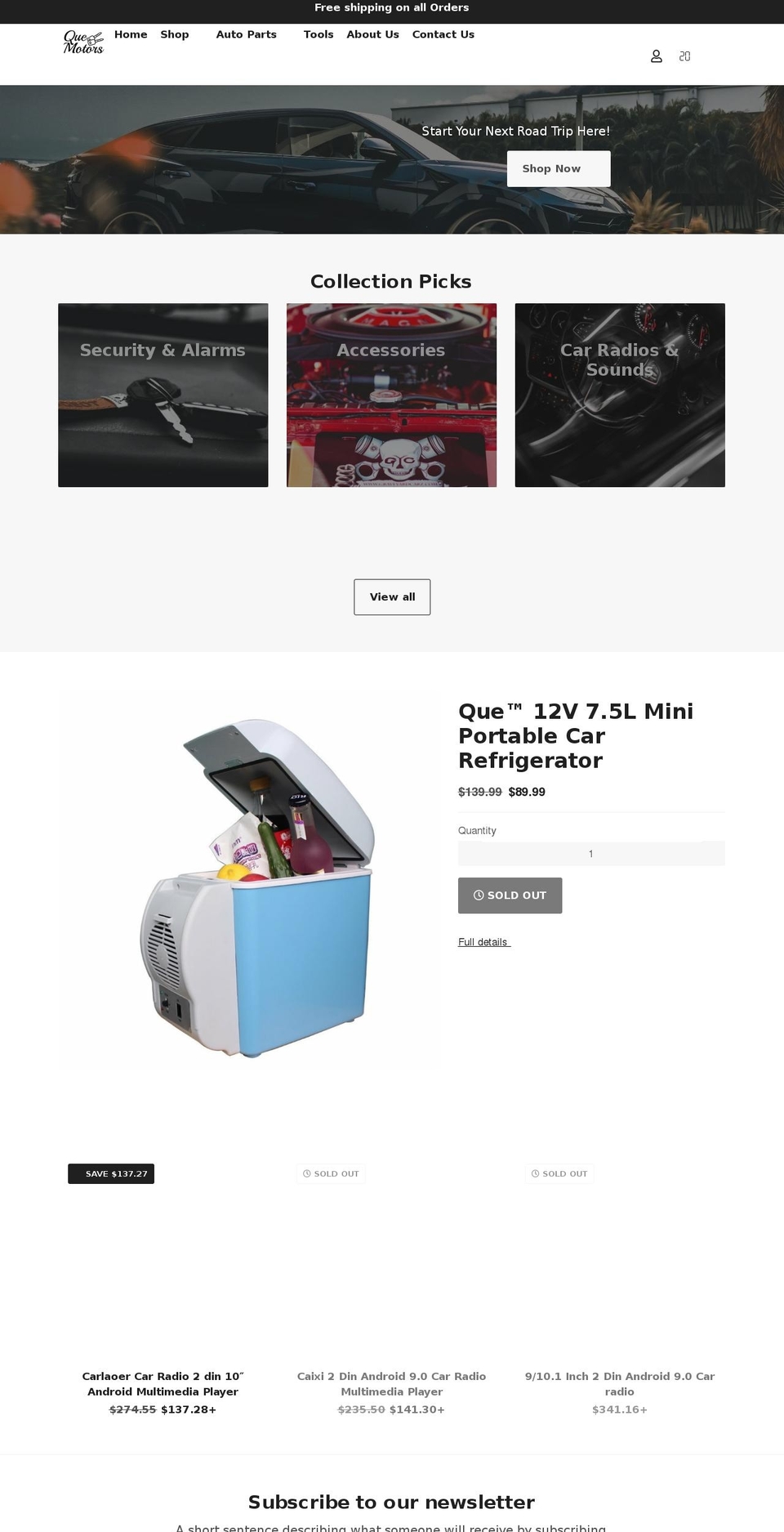 quemotors.com shopify website screenshot