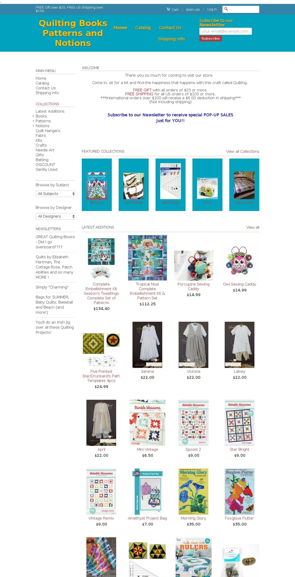 quiltingbookspatternsandnotions.com shopify website screenshot